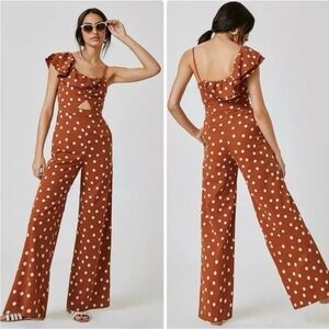 Anthropologie Jumpsuit Maeve One-Shoulder Ruffle in Bronze Polka Dot